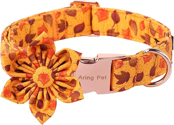ARING PET Fall Dog Collar-Cotton Maple Leaves Dog Collar with Flower, Adjustable Autumn Leaves Dog Collars Pet Necklace with Metal Buckle for Girl&Boy Dogs