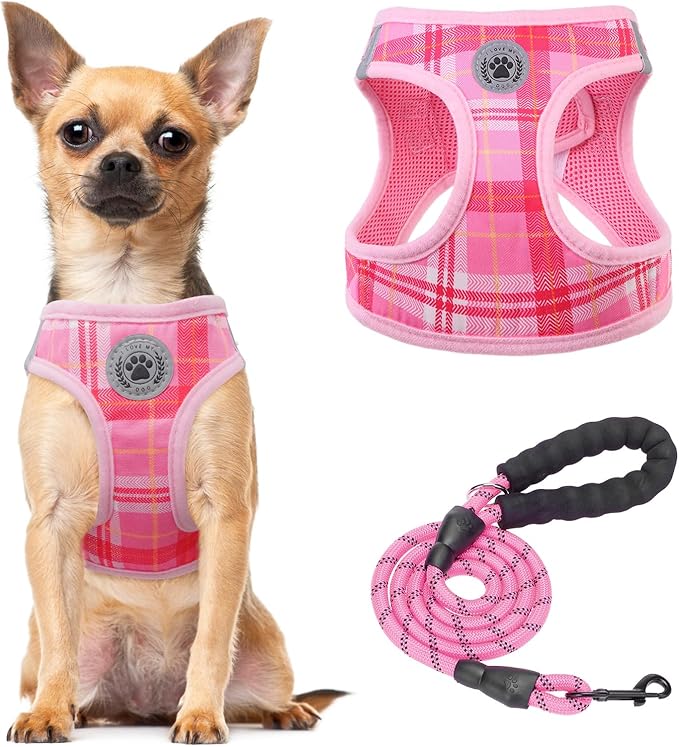 BEAUTYZOO Small Dog Harness and Leash Set, Step in No Chock No Pull Soft Mesh Dog Harnesses Reflective for Small Medium Puppy Dogs and Cats, Plaid Dog Vest Harness for S M Pets, Light Pink S