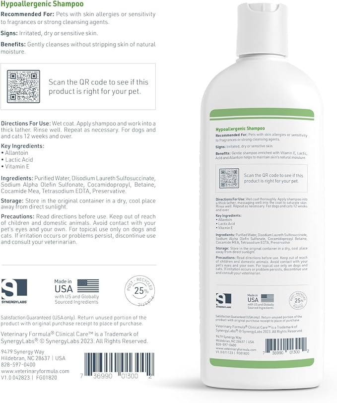 Veterinary Formula Clinical Care Hypoallergenic Shampoo for Dogs and Cats, 16 oz  No Harsh Ingredients  Fragrance-Free Pet Shampoo for Allergies and Sensitive Skin, Promotes Healthy Skin and Coat