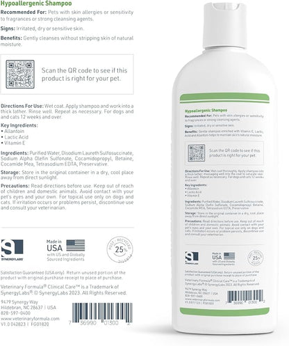 Veterinary Formula Clinical Care Hypoallergenic Shampoo for Dogs and Cats, 16 oz  No Harsh Ingredients  Fragrance-Free Pet Shampoo for Allergies and Sensitive Skin, Promotes Healthy Skin and Coat