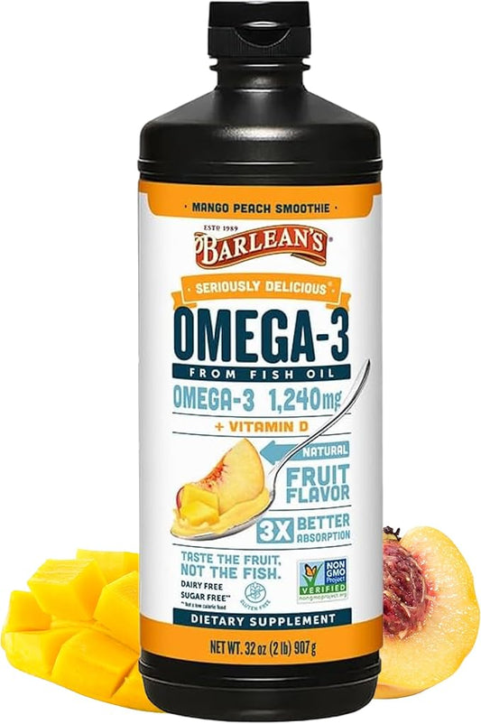 Barlean's Mango Peach Omega 3 Fish Oil Liquid Supplement with Vitamin D, 1080mg EPA & DHA Fatty Acid, Smoothie Flavored & Burpless for Brain, Joint, & Heart Health, 32 oz