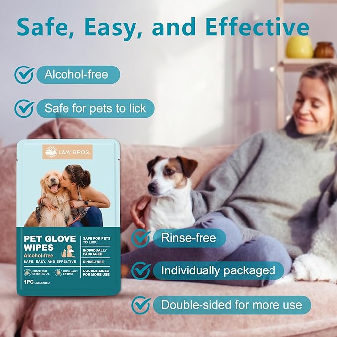 L&W BROS. Dog Wipes Gloves 10 PCS Individually Packaged, Flush-Free, Safe, Alcohol-Free, and for Convenient Grooming Cleaning Deodorizing Hypoallergenic Wipes Disposable Premium Pet Wipes (Unscented)