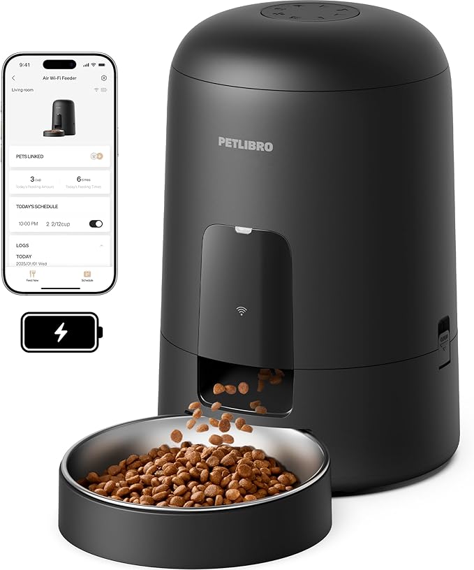 PETLIBRO Automatic Cat Feeder, Wi-Fi Rechargeable Cats Food Dispenser Battery-Operated with 30-Day Life, AIR 2.4G Wi-Fi Timed Pet Feeder for Cats & Dogs, 2L Auto Cat Feeder, Black