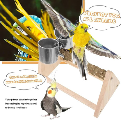 Parrot Play Wood Stand, Bird Perch Stand with Feeder Cups, Bird Grinding Perch Stands for Small Cockatiels, Conures, Parakeets, Finch