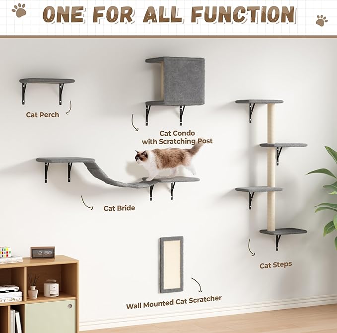 Cat Wall Shelves, Wall Mounted Cat Furniture, Cat Wall Cimber with Perches, Scratchers and Condo, Set of 5 (Grey)