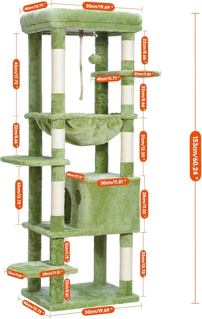Heybly Cat Tree for Large Cats 20lbs Heavy Duty,60 inches XXL Cat Tower for Indoor Cats, Multi-Level Furniture Condo with Big Padded Plush Perch, Cozy Basket, Green HCT050GR