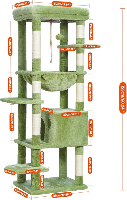 Heybly Cat Tree for Large Cats 20lbs Heavy Duty,60 inches XXL Cat Tower for Indoor Cats, Multi-Level Furniture Condo with Big Padded Plush Perch, Cozy Basket, Green HCT050GR
