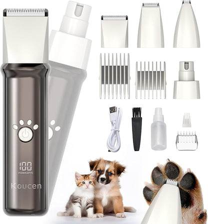 4 in 1 Dog Grooming Kit with LED Display, Dog Grooming Clippers with 4 Guide Combs, Rechargeable Low Noise Cat Hair Trimmer, Pet Paw Trimmer for Cat Dogs Paws Face Ears