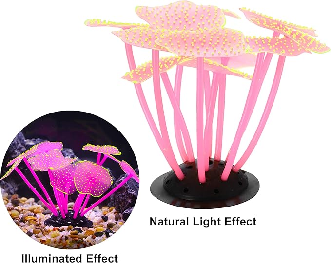 VOCOSTE Soft Silicone Glowing Aquarium Mushroom Coral, Fluorescence Aquatic Artificial Coral for Fish Tank Decoration, Pink