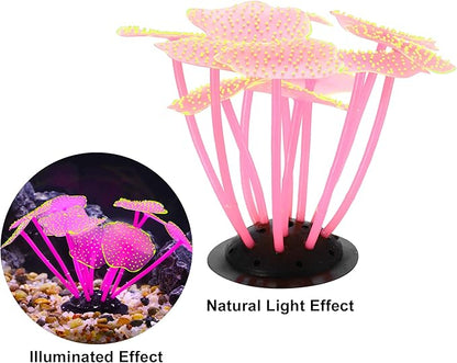 VOCOSTE Soft Silicone Glowing Aquarium Mushroom Coral, Fluorescence Aquatic Artificial Coral for Fish Tank Decoration, Pink