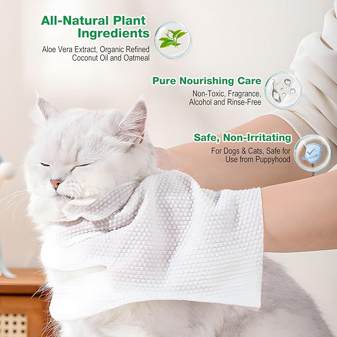 Pet Glove Wipes UNSCENTED for Dogs and Cats No-Rinse, Deodorizing, Grooming Gloves for Paws, Face, Butt, and Legs, Portable Travel-Friendly, Family Stockpile, 10 PCS Hypoallergenic Wipes