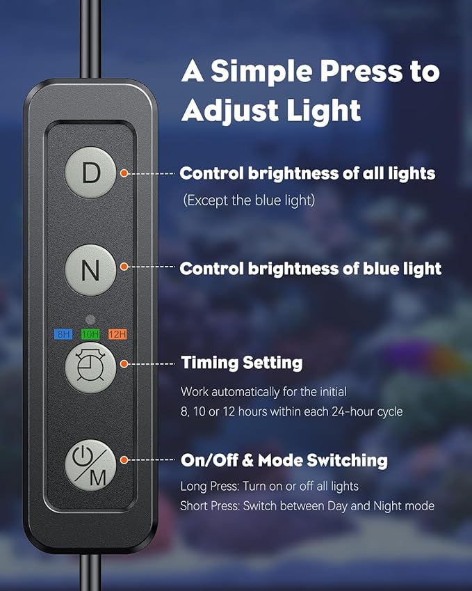 Pawfly 12W Saltwater Aquarium Light for 12" to 18" Fish Tanks Dimmable LED Reef Light for Coral Extendable Marine Fish Tank Light with Full Spectrum D/N Mode Timer Auto On/Off Adjustable Brightness