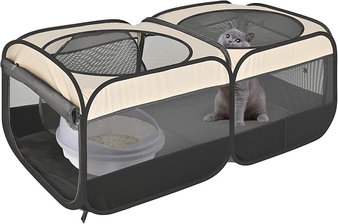 2-in-1 Dog Playpen 46.5''Pop Up Cat Pet Playpen, Assembly-Free Indoor Outdoor Kitten Enclosure, Kitten Pen Cat Cage Portable Puppy Tent Crates Kennel for Small Animals(No Divider, Unified Space)