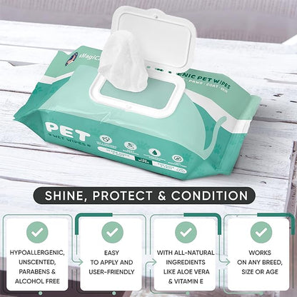 MAGICARE Dog Wipes for Paws, Butt, Ears & Eyes  100 Extra Wet & Thick Unscented Grooming Pet Wipes for Dogs & Cats  Deodorizing, Hypoallergenic  Made in USA