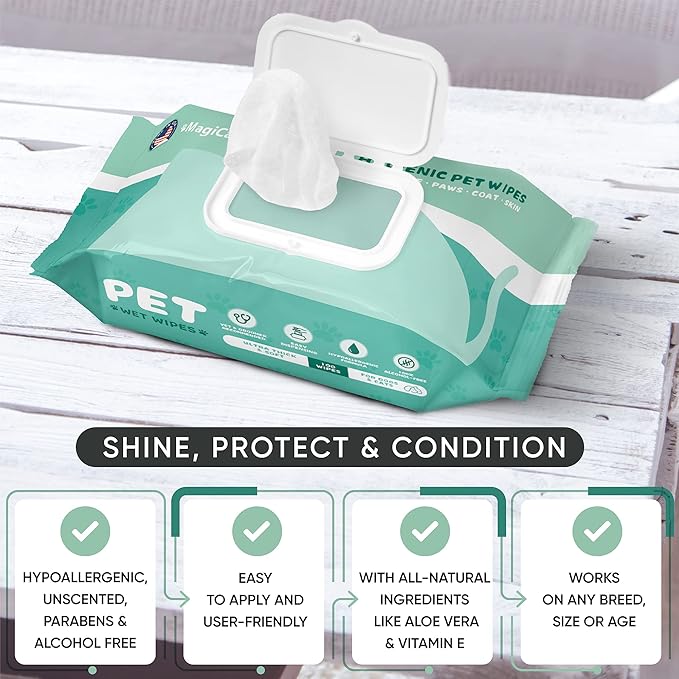 MAGICARE Dog Wipes for Paws, Butt, Ears & Eyes  100 Extra Wet & Thick Unscented Grooming Pet Wipes for Dogs & Cats  Deodorizing, Hypoallergenic  Made in USA