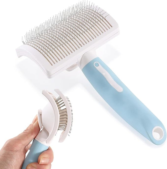 Dog Self-Cleaning Slicker Brush with One Button Fur Removal Deshedding Brush for Dogs and Cats with Medium or Long Hair Remove Loose Undercoat Blue