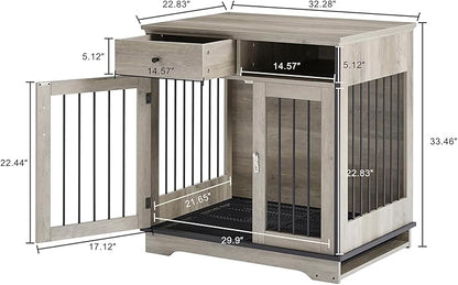 32Inch Dog Crate Wooden Lockable Dog Kennel with Removable Tray and Storage Drawer Indoor Dog Crate Furniture End Table Pet Cage 32.3'' W x 22.8'' D x 33.5'' H Grey