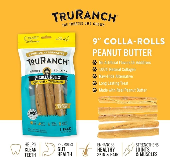 TRURANCH Collagen Rolls - 9" Collagen Rolls for Dogs - Long Lasting Healthy Joint Support - Rawhide Alternative - Skin & Coat Health - Made with Real Peanut Butter, Value Pack, 3 Bags, 9 Count