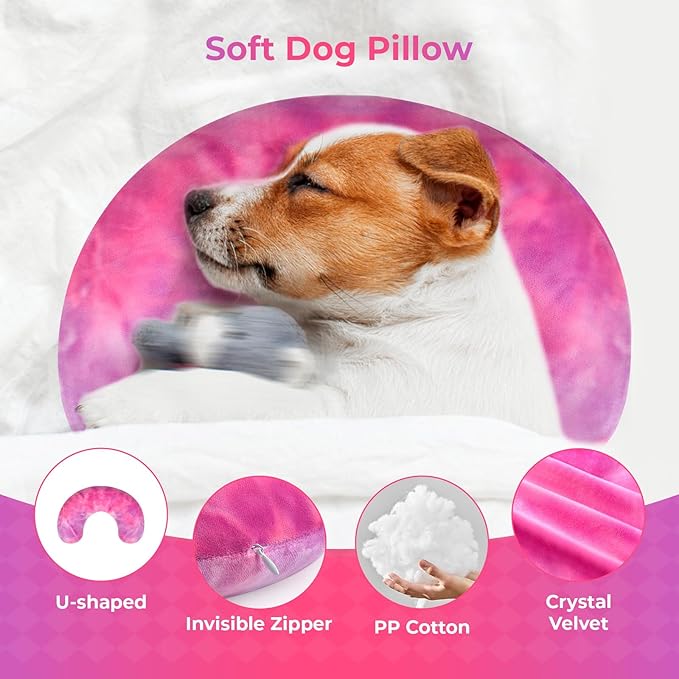 Dog Pillow, U-Shaped Dog Calming Pillow for Pet, Soft Dog Neck Pillow Machine Washable Dog Bed Pillow for Dog and Cat Enhance Sleep Quality(Tie-dye Rose Purple, Medium)