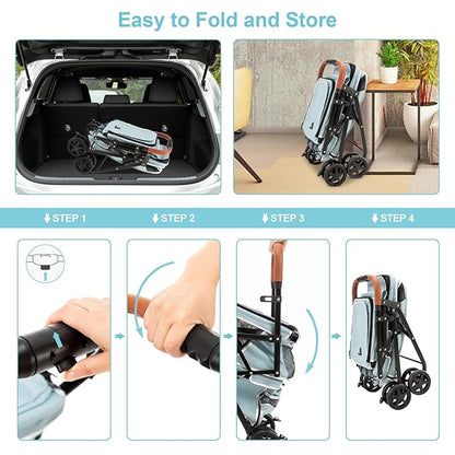 Double Pet Stroller for Dogs and Cats, One-Hand Folding Dog Stroller Travel Carriage for Small Medium Dogs Cats, 4 Wheels, Blue