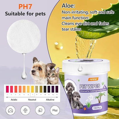Dog Eye Wipes, 130 Count Universal Cat and Dog Tear Stain Remover Wipes, Hypoallergenic Natural Grooming Wipes for Pets Eyes Ears Nose