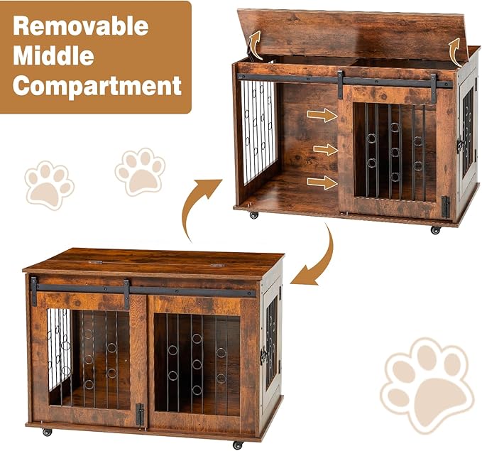 2 Rooms Dog Crate Furniture with Movable Divider,39" Wooden Dog Crate Table,Wooden Dog Kennel Pet House Cage,Flip Top 39.37_x25.2_x28.94_
