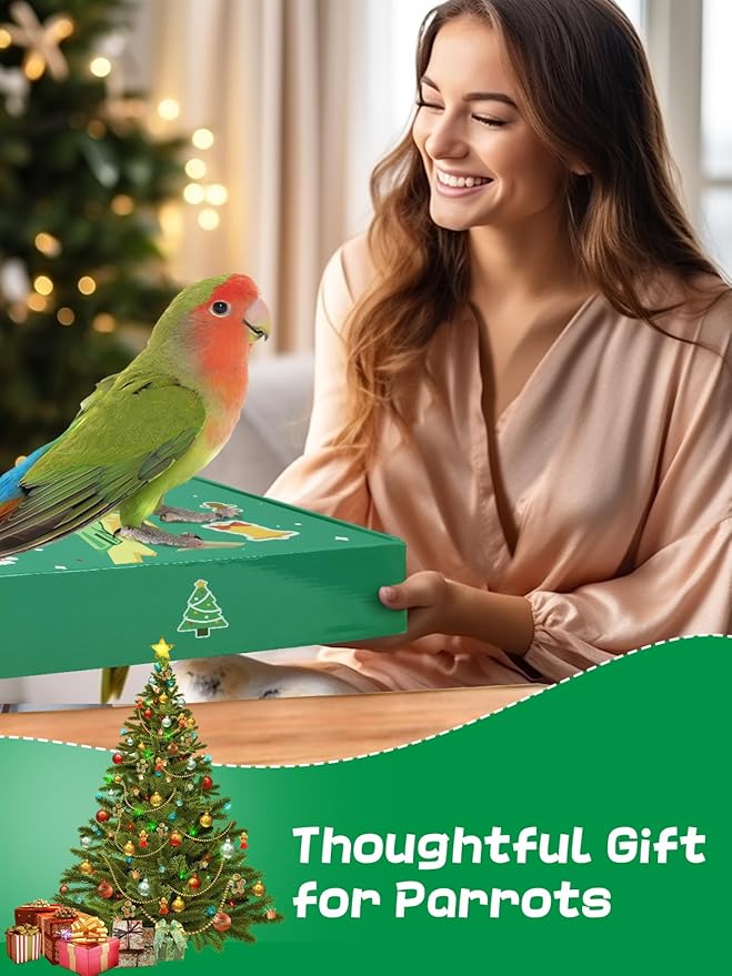 MEWTOGO Christmas Large Bird Toy - Natural Wooden Parrot Chewing Toy With Colorful Edible Blocks for Macaw African Grey Amazon Parrots, Xmas Gifts Bird Playing (Red)