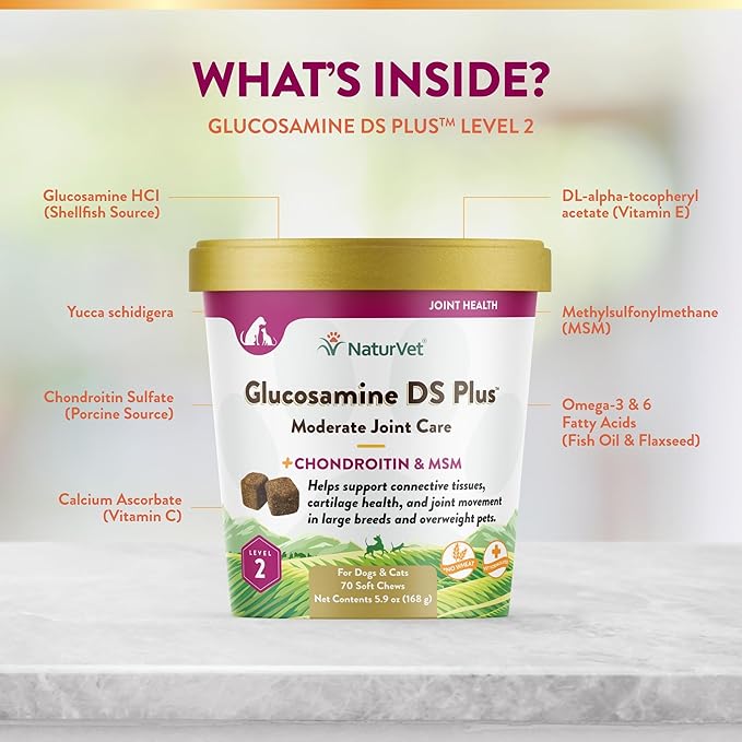 NaturVet  Glucosamine DS Plus - Level 2 Moderate Care  Supports Healthy Hip & Joint Function  Enhanced with Glucosamine, MSM & Chondroitin  for Dogs & Cats70 Soft Chews