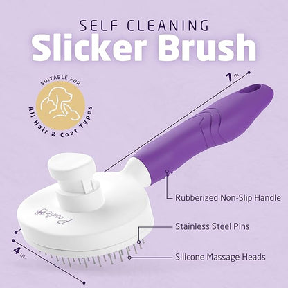 Poodlie Self Cleaning Pet Brush - Dog Brush for Shedding - Slicker Brushes for Dogs - Cat Brushes - Dog Comb for Long Haired & Short Haired Dogs - Puppy Cat Grooming Undercoat Deshedding