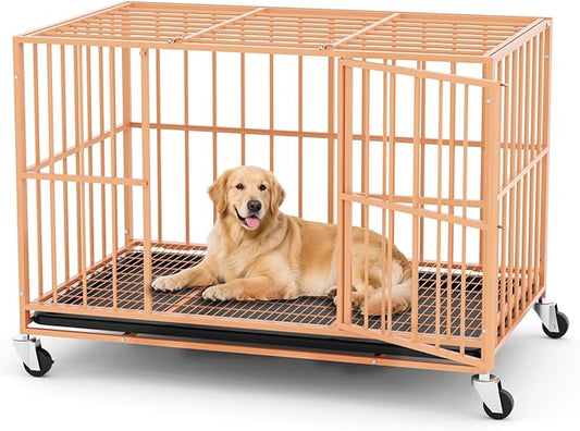 Orange 48 in Heavy Duty Dog Crate Steel Escape Proof, Indoor Double Door High Anxiety Cage, Removable Tray, Kennel with Wheels,XL XXL