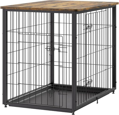 VEVOR 27" Dog Crate Furniture With Double Doors, 2-in-1 Decorative Wooden Kennel End Table, Removable Tray, Holds up to 30 lbs for Small, Medium Dogs - Brown