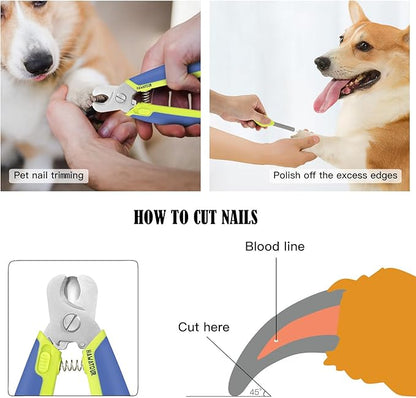 Dog Nail Clippers with Nail File, Professional Pet Nail Trimmers with Safety Guard, Avoid Over Cutting, Grooming Razor for Medium and Large Dog and Cat, Blue Yellow