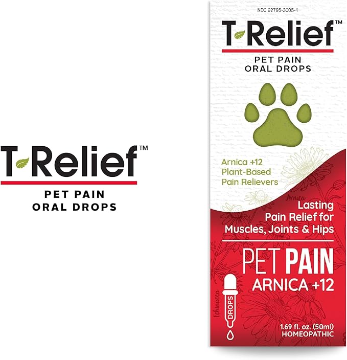 T-Relief Pet Pain Oral Drops Arnica +12 Powerful Natural Medicines for Muscle Joint & Hip Pain Soreness Stiffness Injuries in Dogs & Cats - Fast-Acting Soother - 1.69 oz (2 Pack)