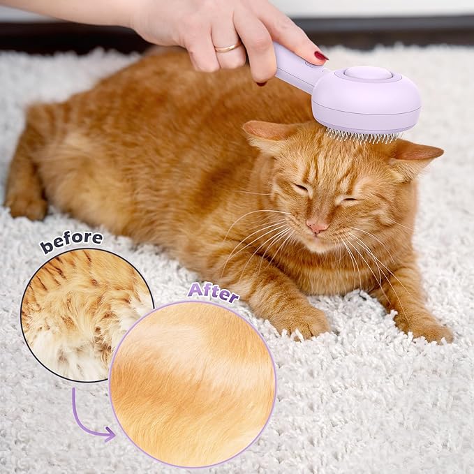 Cat Steam Brush, 3 In 1 Steam Cat Brush with Release Button and Tank, Cat Brush for De-shedding that Effectively Remove Knots and Loose Hair, Cat Brush with Steam for Long and Short Hair Dogs and Cats