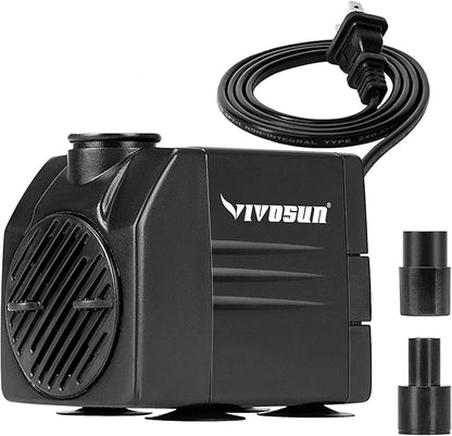VIVOSUN 120GPH Submersible Pump(450L/H, 6W), Ultra Quiet Water Pump with 3.1ft High Lift, Fountain Pump with 5ft Power Cord, 2 Nozzles for Fish Tank, Aquarium, Statuary, Hydroponics