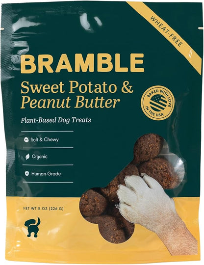 BRAMBLE Dog Treats. Plant-Based Treats for Dogs, Wheat-Free Everyday Dog Treats. Sweet Potato & Peanut Butter, Soft & Chewy Cookies. 8 oz