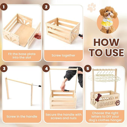 20" x 13" x 9" Wooden Pet Wardrobe Closet Crate Box with Hanging Rods and Personalized Pet Alphabet Letters Easy Assembly Baskets for Dog Cat Toys Clothes Accessories(Wood)