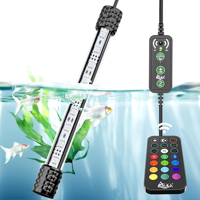 AQQA Submersible Aquarium Lights，Colorful Led RGB Fish Tank Light,Dual Controller with Timer,13 Colors,5 Brightness,Sunrise and Sunset Mode for Freshwater Saltwater (11W)