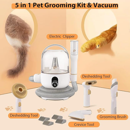 Dog Hair Vacuum & Pet Grooming Kit, 5 in 1 Pet Grooming for Dogs Cats, 2L Large Capacity Pet Hair Vacuum, Low Noise Dog Hair Vacuum for Shedding Pet Hair, Home Cleaning, White