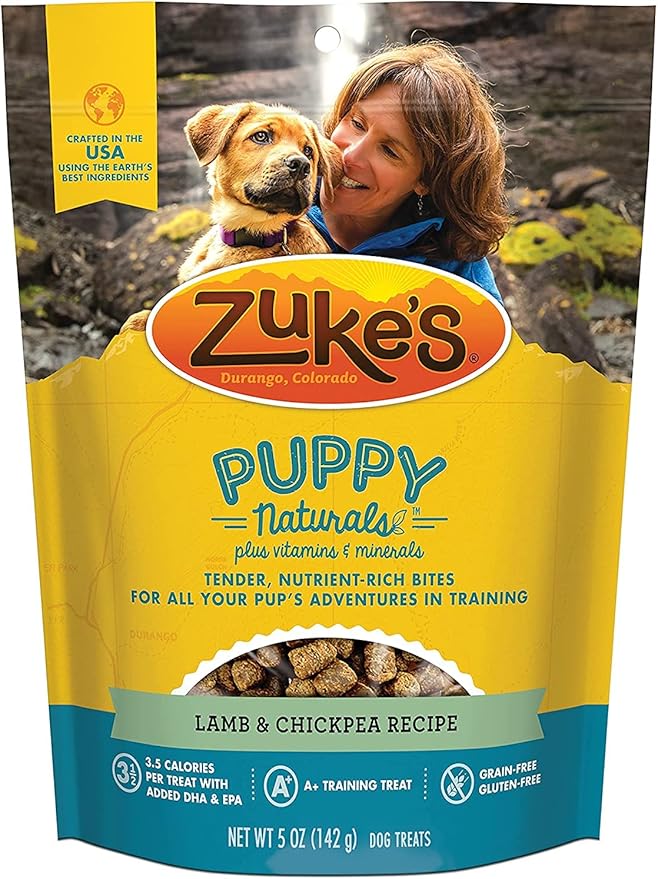 (4 Pack) Zuke Puppy Naturals Training Dog Treats Crafted in The USA, Salmon and Lamb 5oz with 10ct Pet Wipes 5 Piece Set