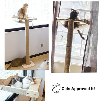 Cat Window Perch with Scratching Post, 46" Adjustable Tall Scratching Posts & Suction Cup – Multi-Level Perch for Climbing, Bird Watching, and Play, Supports 45 lbs (Drilling-Free)