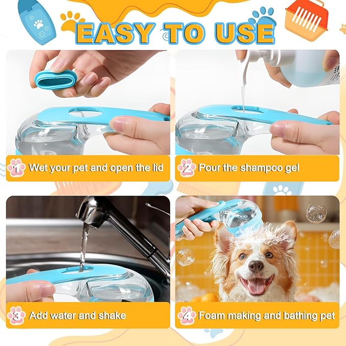 3Pcs Dog Bath Brush, Dog Scrubber for Bath, Dog Shampoo Brush Bubble Maker, Dog Paw Washer, dog grooming Massage Brush with Adjustable Ring Handle, dog accessories for Short & Long Hair -Blue