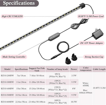 Dirvin 22.8inch Submersible Aquarium LED Light for Fish Tank, 24/7 Cycle Fish Tank Light with Timer, 39 LED Beads 3 Colors 3 Modes Brightness Adjustable, 10.5W