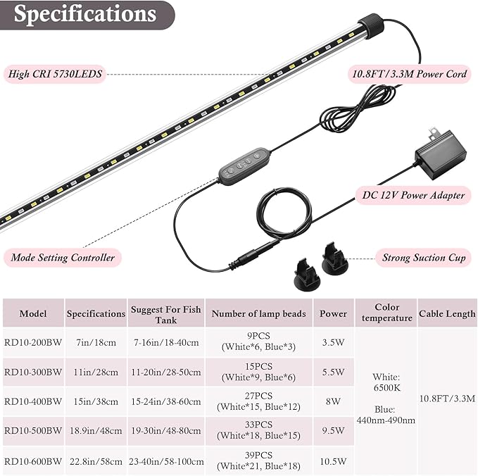 Dirvin 18.9inch Submersible Aquarium LED Light for Fish Tank, 24/7 Cycle Fish Tank Light with Timer, 33 LED Beads 3 Colors 3 Modes Brightness Adjustable, 9.5W
