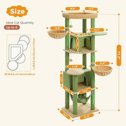 71.2" Large Cat Tree for Multi-Cat Households - 9-Level Cat Tower w/5 Sisal Scratching Posts, 2 Condos, Soft Hammock, Top Perch & Pom Poms - Heavy-Duty Space-Saving Design, Cactus Green