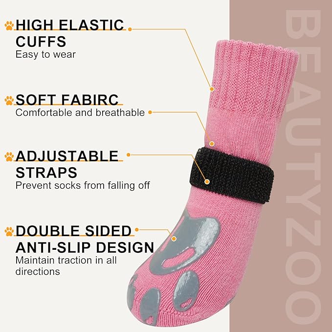 BEAUTYZOO Dog Socks, Non Slip Dog Socks to Prevent Licking Paws -Dog Shoes for Hot/Cold Pavement, Dog Boots & Paw Protectors, Dog Booties for Hardwood Floors, Small Medium Large Senior Dogs