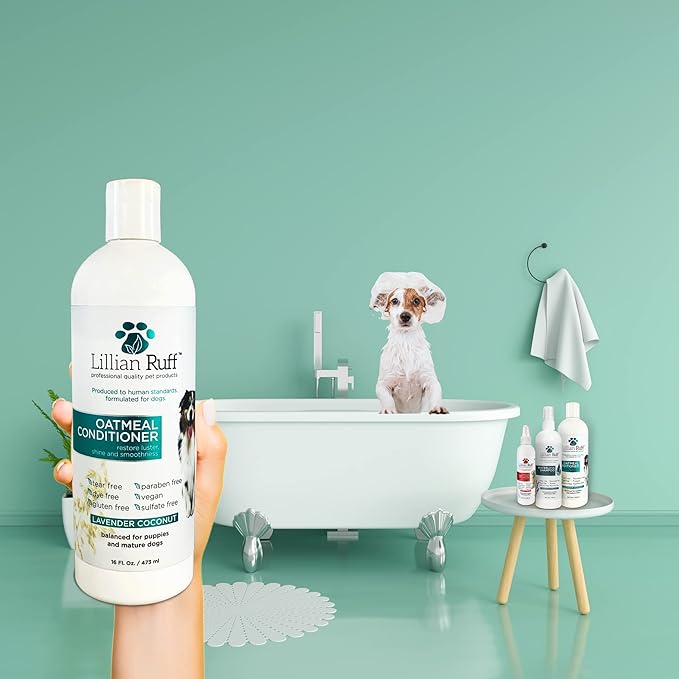Lillian Ruff Calming Oatmeal Pet Conditioner for Dry Skin & Itch Relief with Aloe & Hydrating Essential Oils - Replenish Moisture & Deodorize - Dog Conditioner for Normal/Sensitive Skin (16oz & Brush)