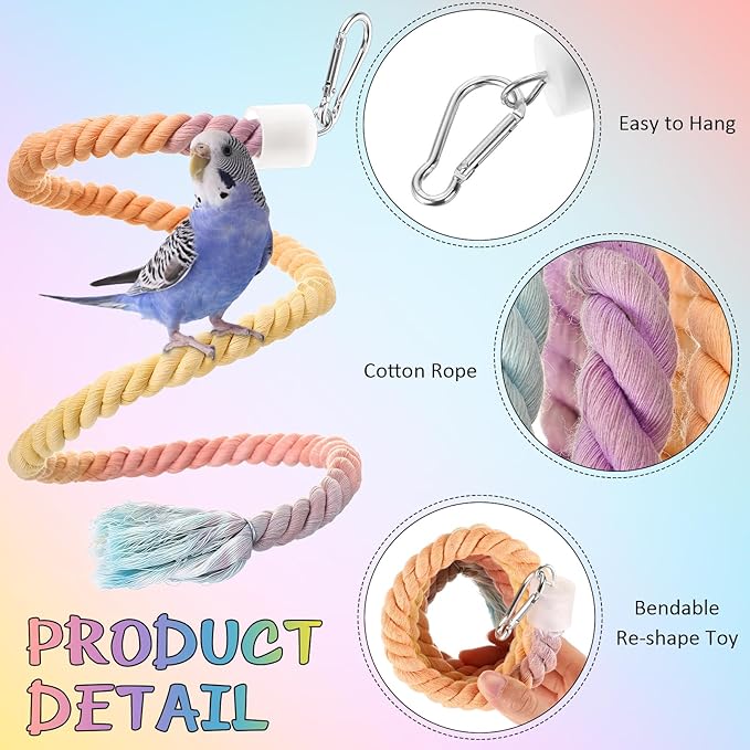 2 Pcs Gradient Bird Rope Perches Birdcage Swing Toy for Parrots Birdcage Cotton Swing Climbing Rope Standing Bungee Toy Accessory for Parrots, Cockatiel, Parakeet, Lovebird, Budgie(39.4'')