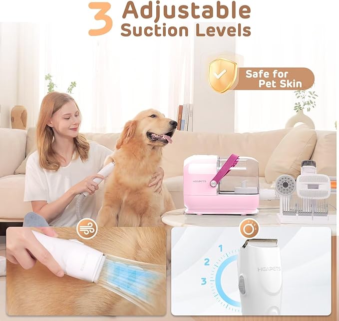 Dog Grooming Vacuum Kit - 3L Vacuum with 7 Tools, Low Noise Electric Clipper and Brush for Pet Shedding at Home, Pink