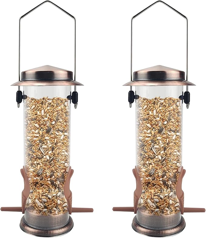 MIXXIDEA Wild Bird Feeders for Outdoors Hanging 2 Pack Stainless Steel Tube Bird Feeder, Water Resistant Finch Bird Feeder for Garden Backyard Decoration Attractive Metal Thistle Feeder (Copper)